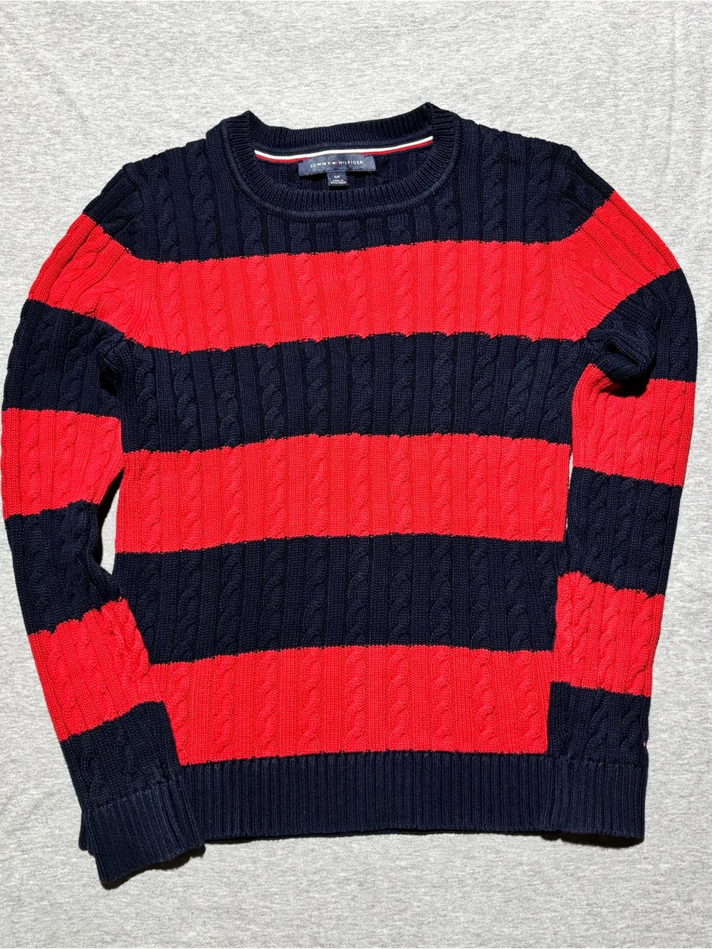 Tommy Hilfiger Red and Navy Cable‑Knit Crew Sweater